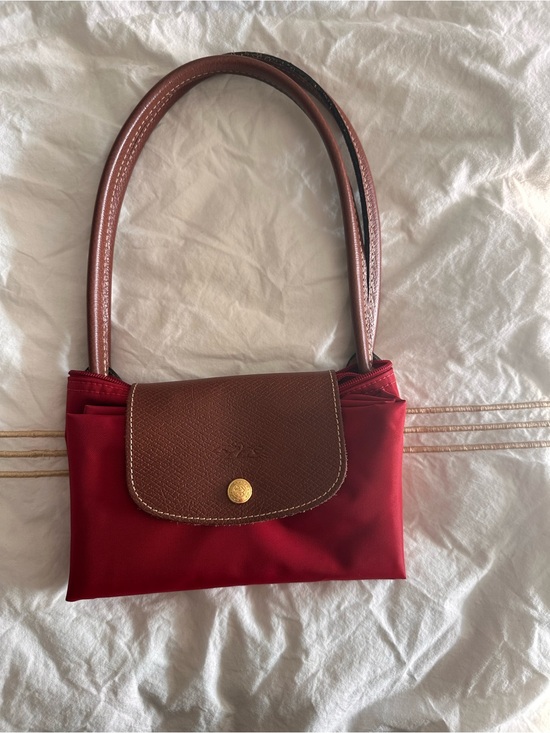 Longchamp Handbags - Longchamp Red Nylon Shoulder Bag with Brown Leather Flap and Straps
